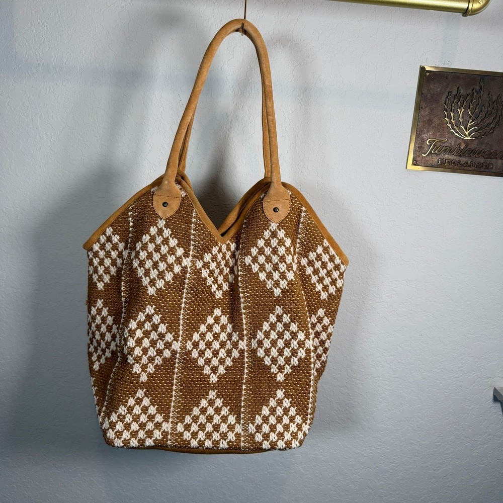 Panache Apparel Tan Woven Geometric Diamond Pattern Tote Shoulder Bag Boho - Picture 6 of 7